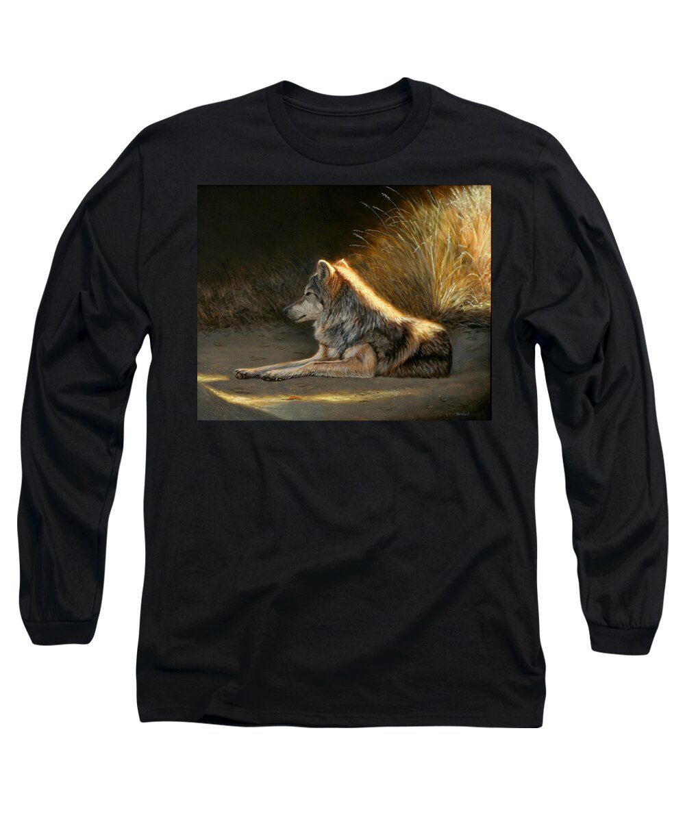 Oil Long Sleeve T-Shirt featuring the painting Last Light - Wolf by Linda Merchant