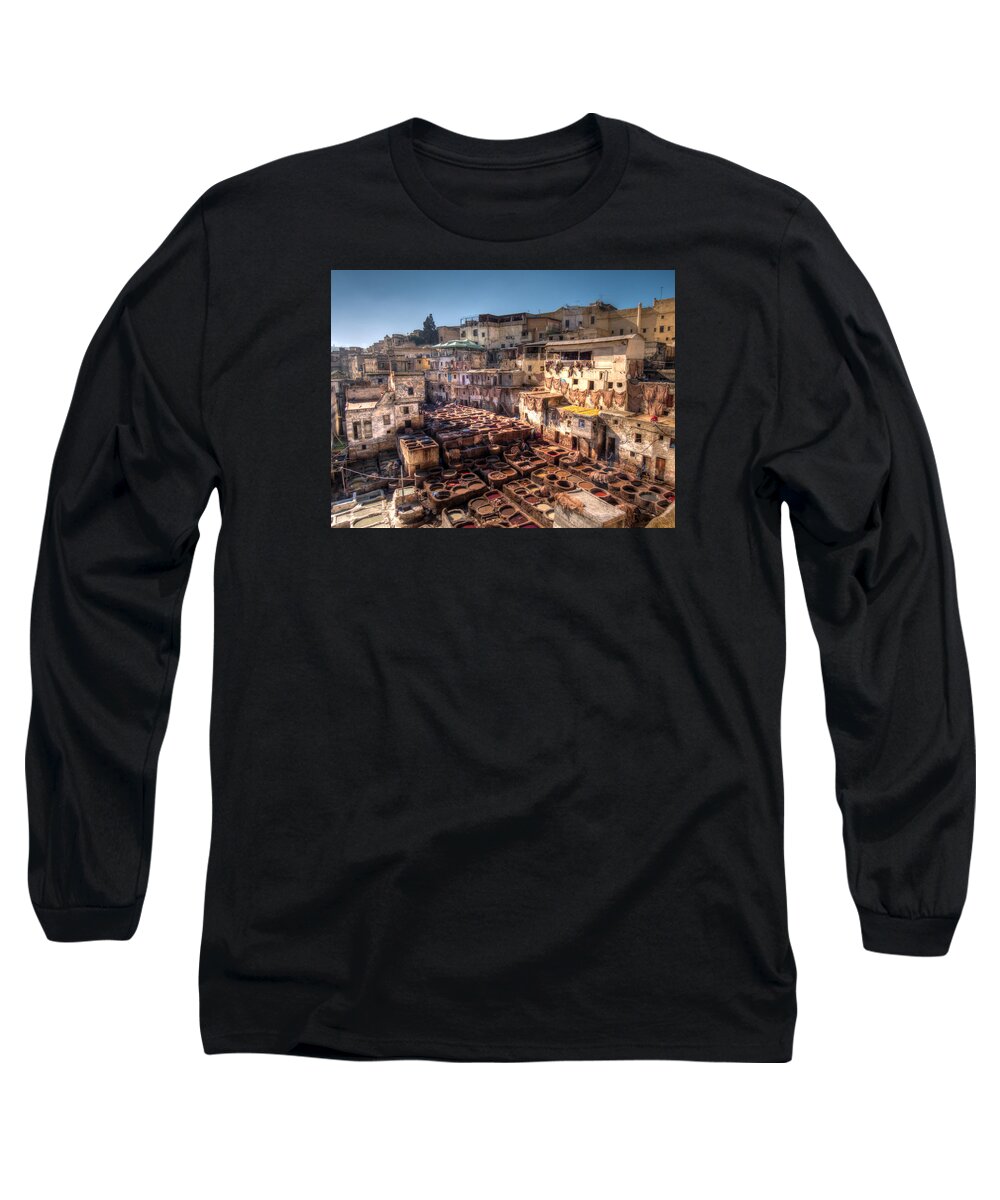 Fes Long Sleeve T-Shirt featuring the photograph Leather tanneries of Fes - 5 by Claudio Maioli