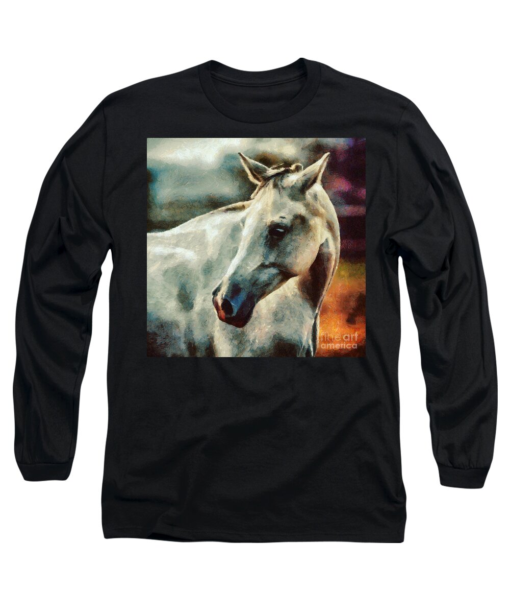 Painting Long Sleeve T-Shirt featuring the painting Lonely white horse Painting by Dimitar Hristov