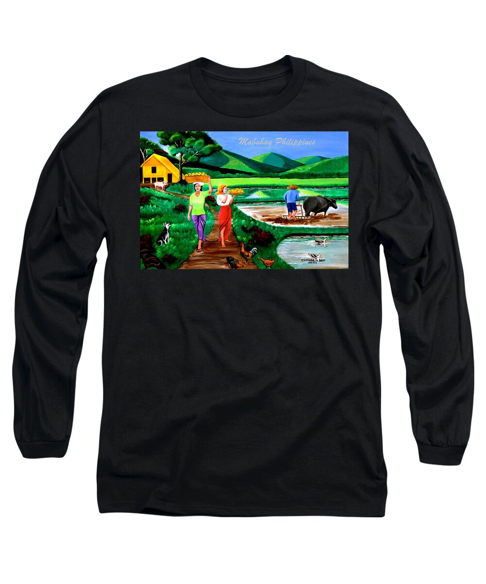 All Products Long Sleeve T-Shirt featuring the painting Mabuhay Philippines by Lorna Maza
