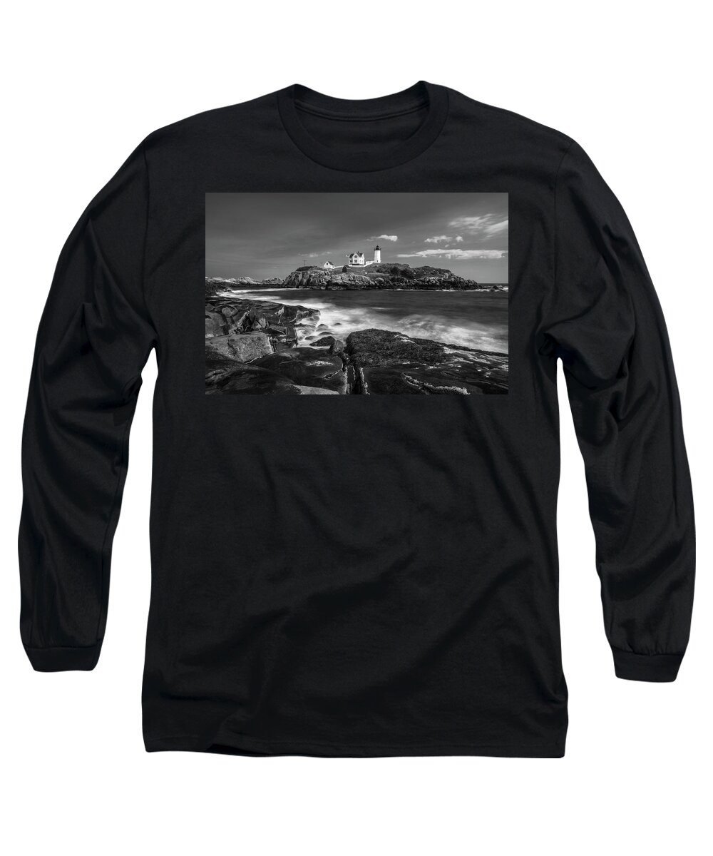 Maine Long Sleeve T-Shirt featuring the photograph Maine Cape Neddick Lighthouse in BW by Ranjay Mitra