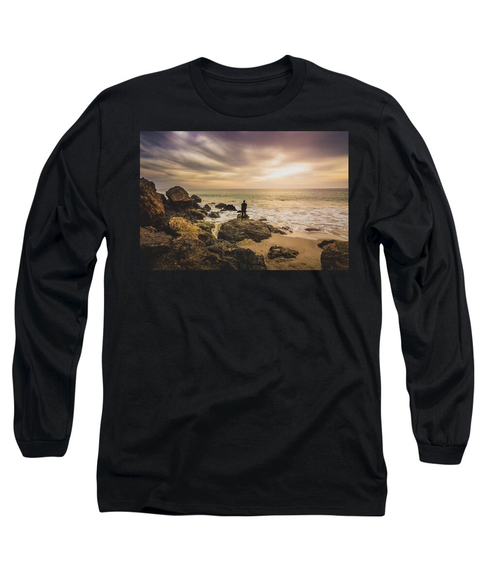 Beach Long Sleeve T-Shirt featuring the photograph Man Watching Sunset in Malibu by Andy Konieczny