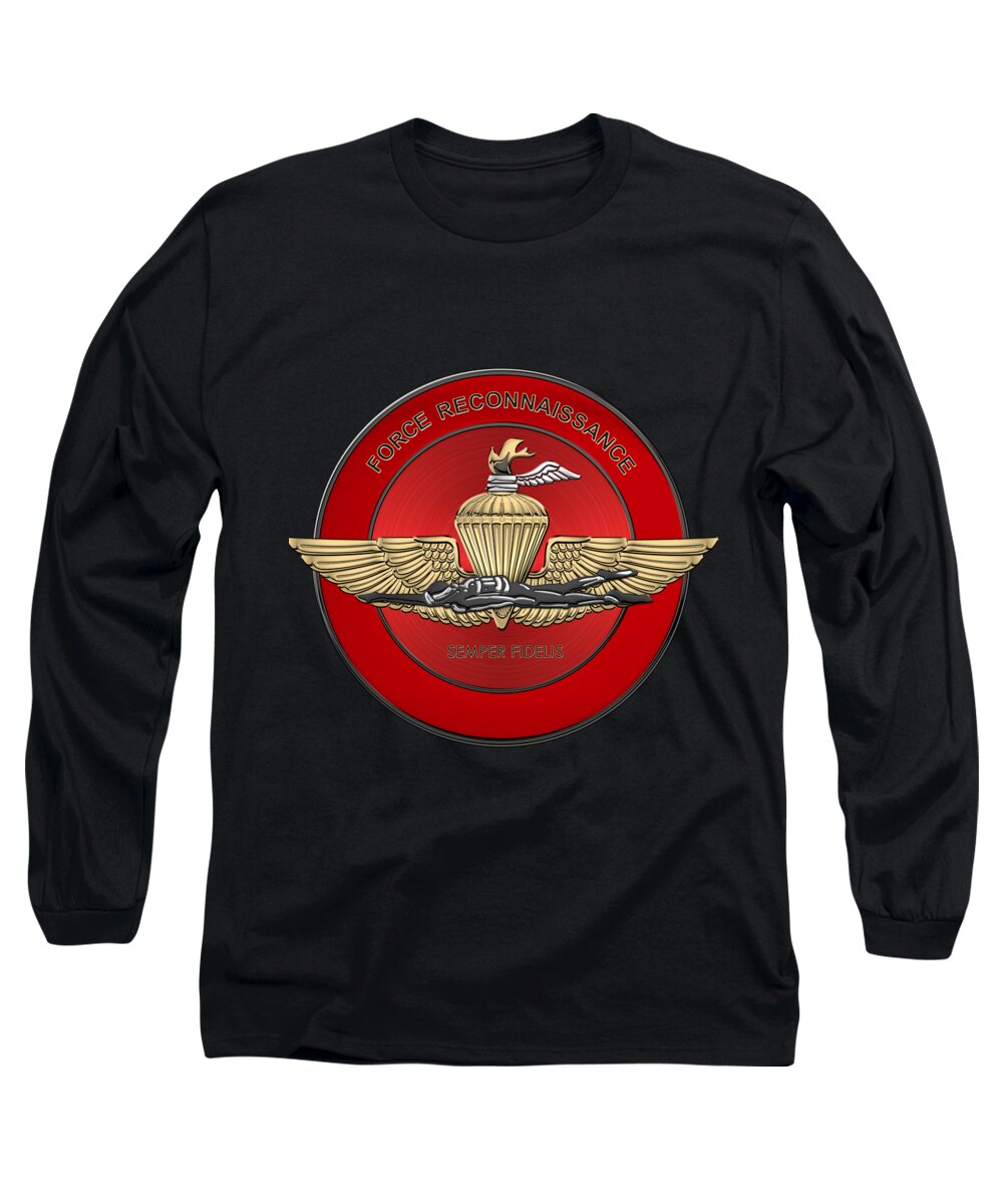'military Insignia & Heraldry' Collection By Serge Averbukh Long Sleeve T-Shirt featuring the digital art Marine Force Reconnaissance - U S M C  F O R E C O N Insignia over Black Velvet by Serge Averbukh