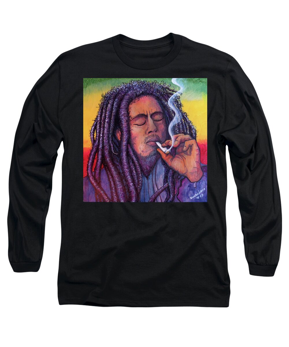 Bob Marley Long Sleeve T-Shirt featuring the painting Marley Smoking by David Sockrider