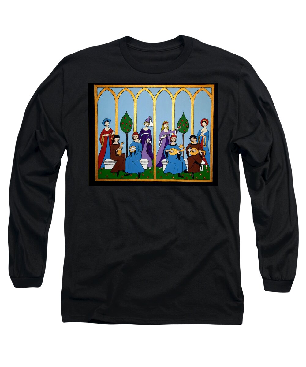 Musicians Long Sleeve T-Shirt featuring the painting Medieval Musicians by Stephanie Moore