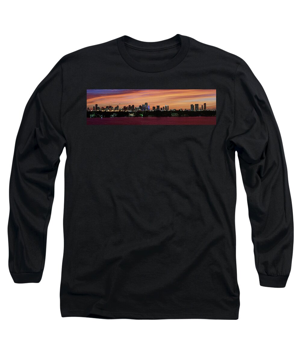 Miami Skyline Long Sleeve T-Shirt featuring the photograph Miami Sunset Panorama by Gary Dean Mercer Clark