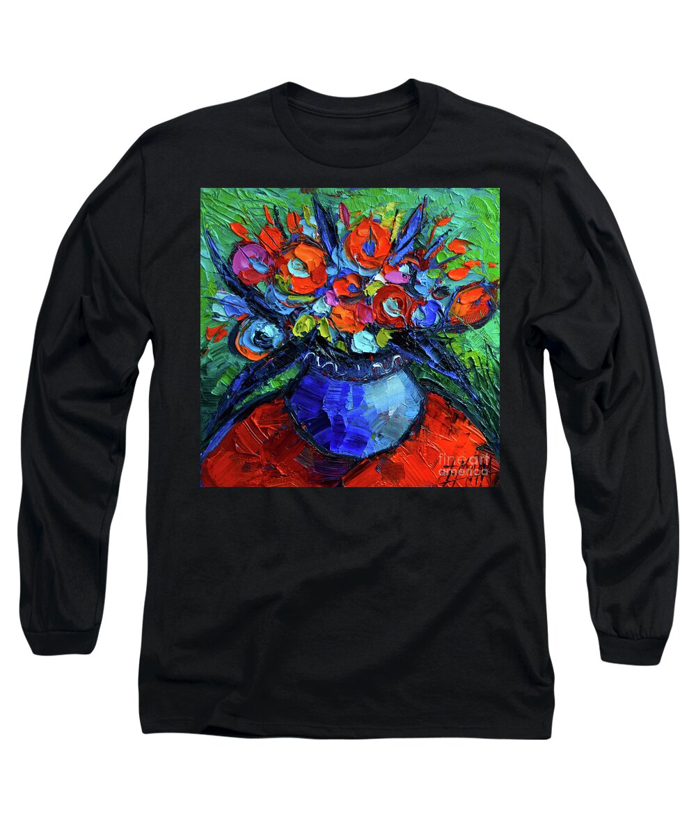 Mini Floral On Red Round Table Long Sleeve T-Shirt featuring the painting Mini Floral on Red Round Table by Mona Edulesco