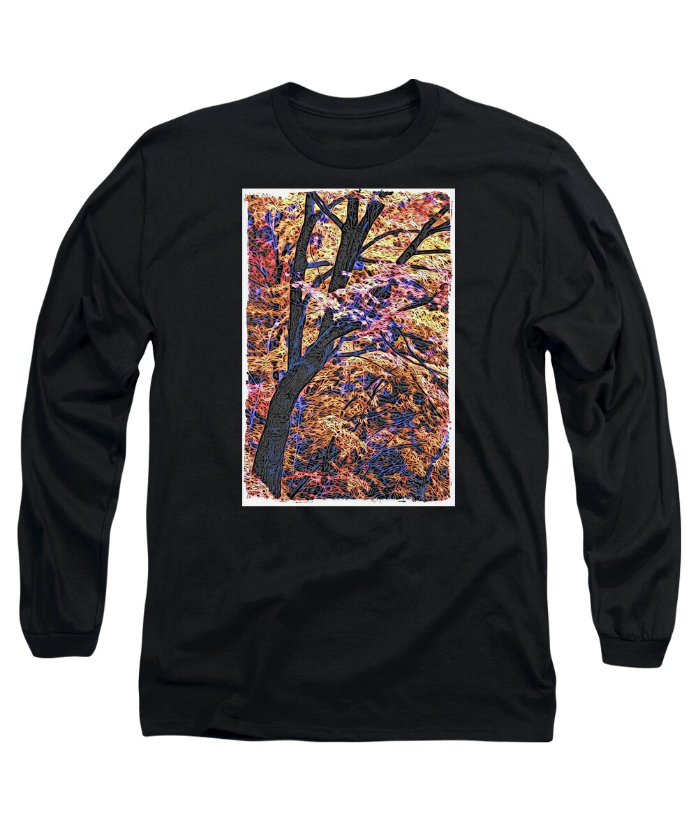 Autumn Long Sleeve T-Shirt featuring the digital art Moku Hanga Autumn by Cameron Wood