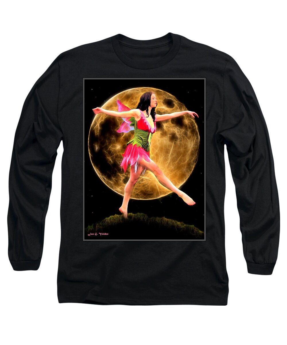 Fantasy Long Sleeve T-Shirt featuring the painting Moonlight Stroll Of A Fairy by Jon Volden