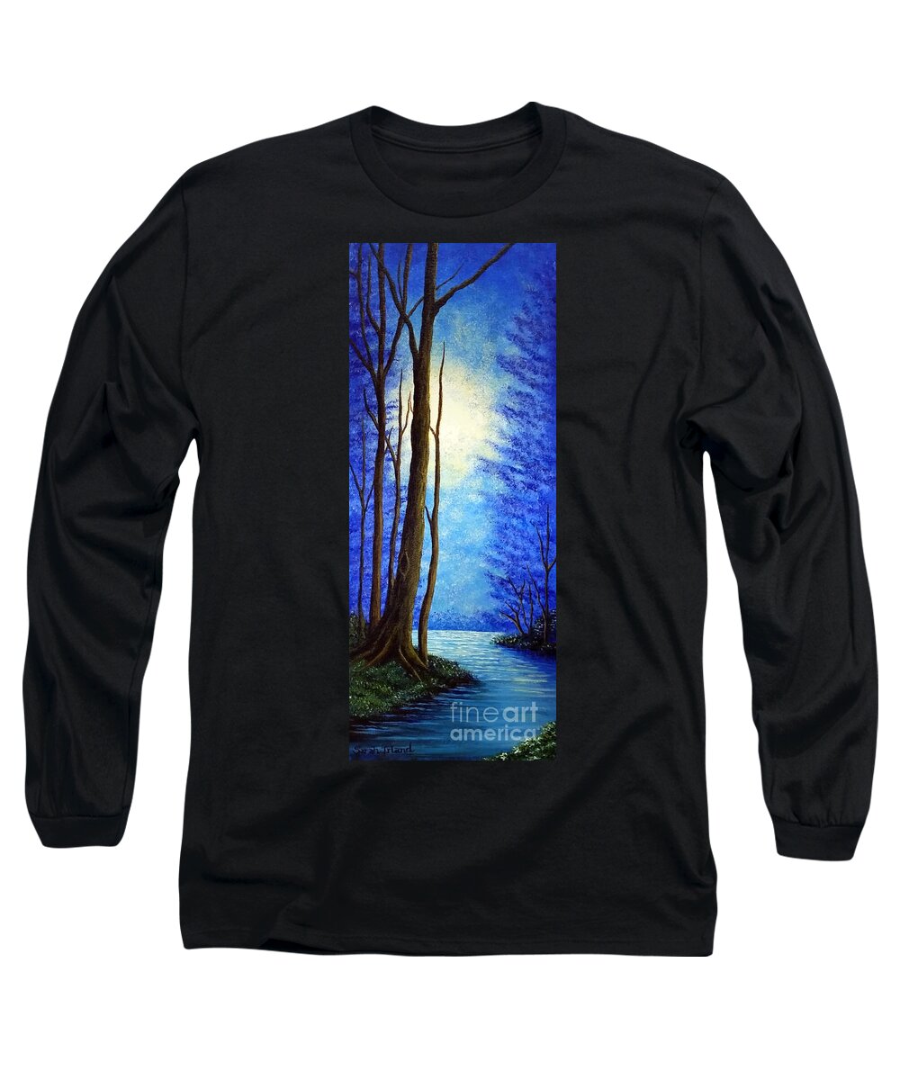 Moon Long Sleeve T-Shirt featuring the painting Moonlit Stream by Sarah Irland