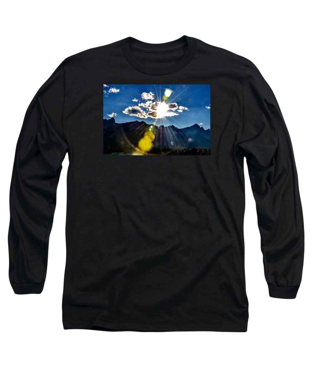 Canmore Alberta Canada Flare Blue Sky Clouds Summer Clear Mountains Nature Long Sleeve T-Shirt featuring the photograph Morning Sunrise by Russell Hurst