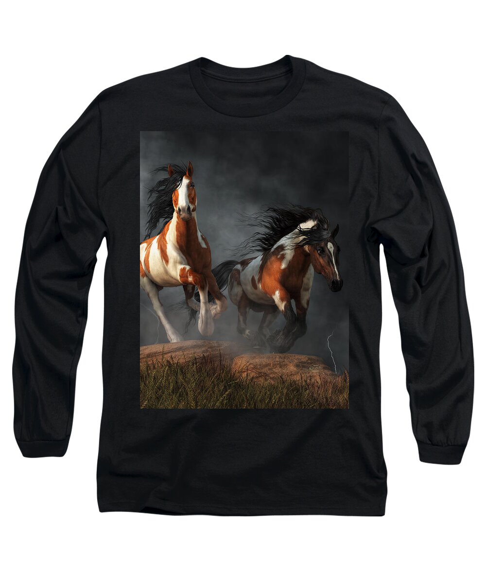 Mustangs Of The Storm Long Sleeve T-Shirt featuring the digital art Mustangs of the Storm by Daniel Eskridge
