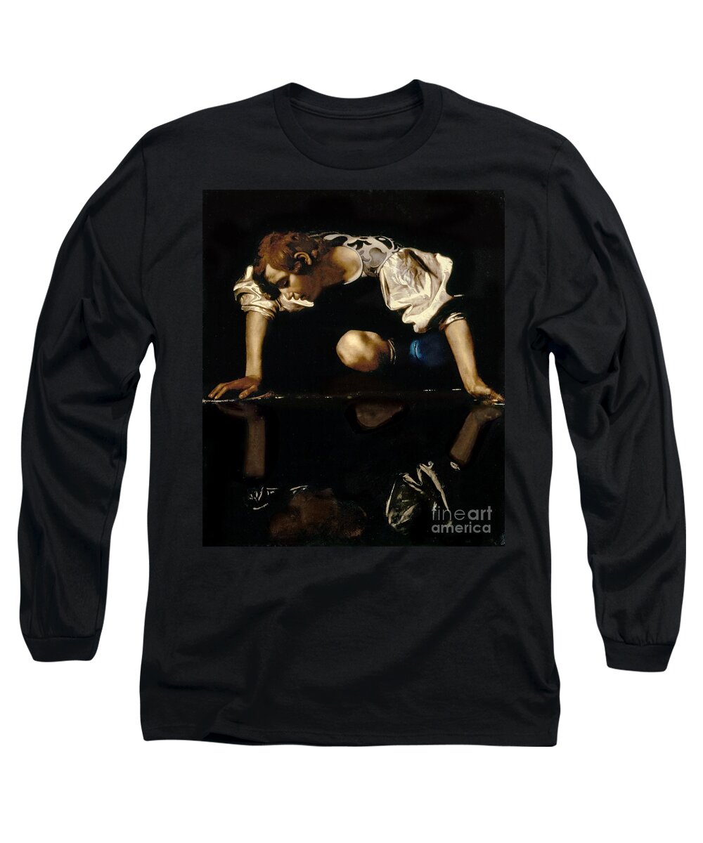 Narcissus Long Sleeve T-Shirt featuring the painting Narcissus by Caravaggio