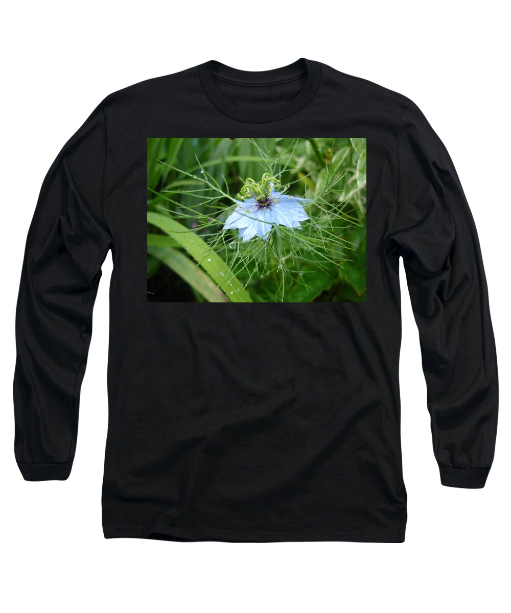 Flower Long Sleeve T-Shirt featuring the photograph Nigella in spring rain by Susan Baker