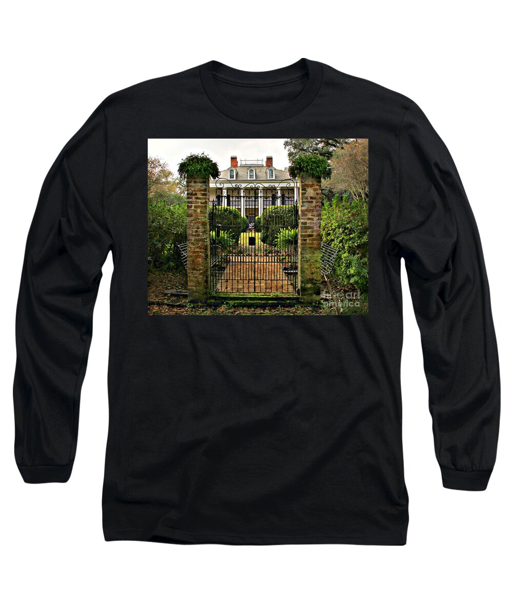 Oak Alley Long Sleeve T-Shirt featuring the photograph Oak Alley Gate by Perry Webster