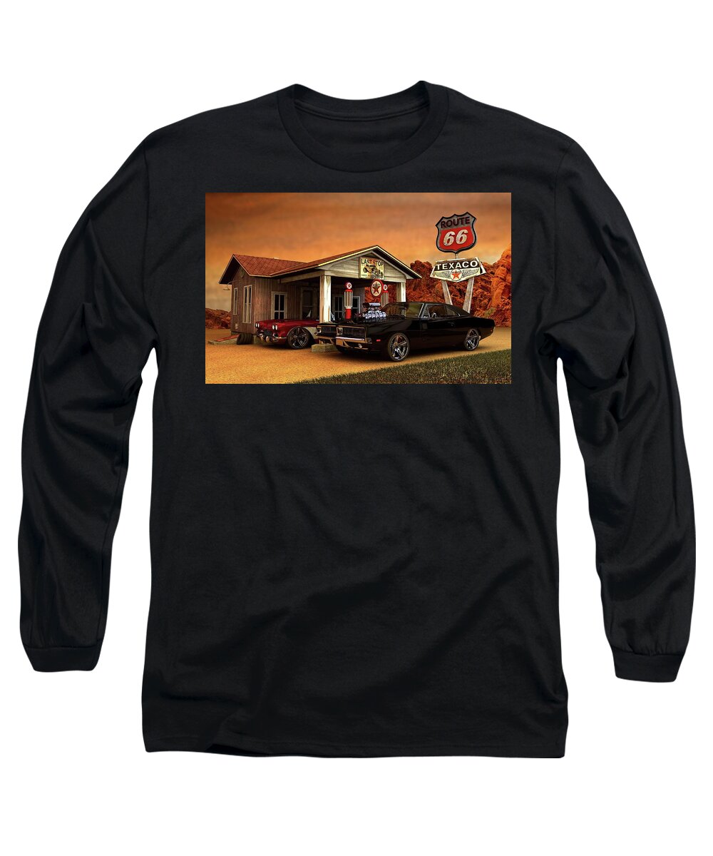 Retro # Auto # Car # Vintage #cars #classic # Chevrolet #american Muscle # Dodge #corvette# Chevy # Charger 1969 #stingray #american Muscle #1961 Corvette #hemi Charger #1969 Long Sleeve T-Shirt featuring the photograph Old Gas station American Muscle by Louis Ferreira
