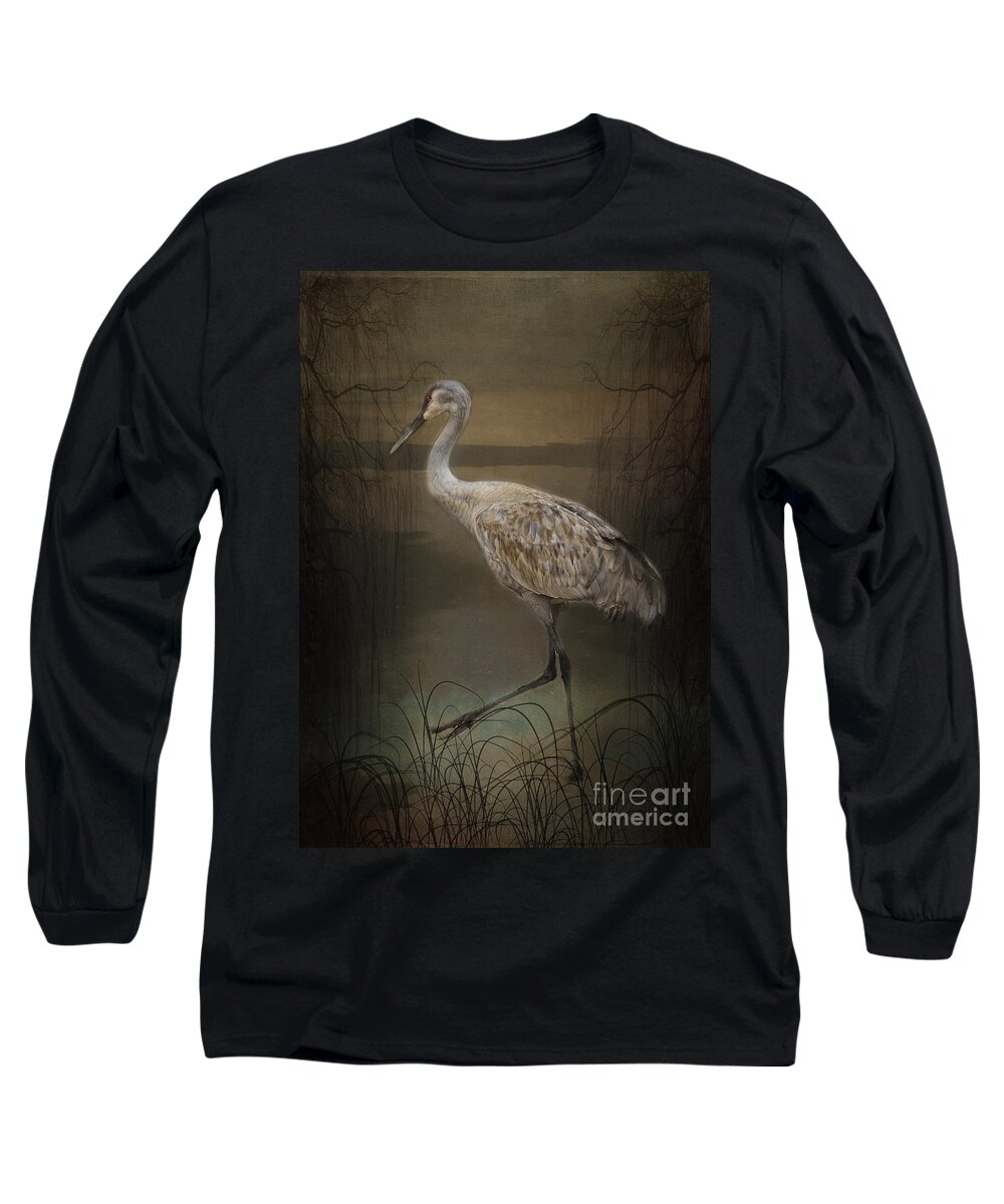 Wild Long Sleeve T-Shirt featuring the painting Oriental Sandhill Crane by Janice Pariza