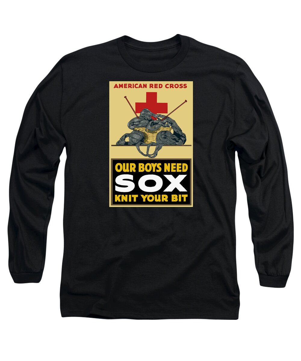 Red Cross Long Sleeve T-Shirt featuring the painting Our Boys Need Sox - Knit Your Bit by War Is Hell Store