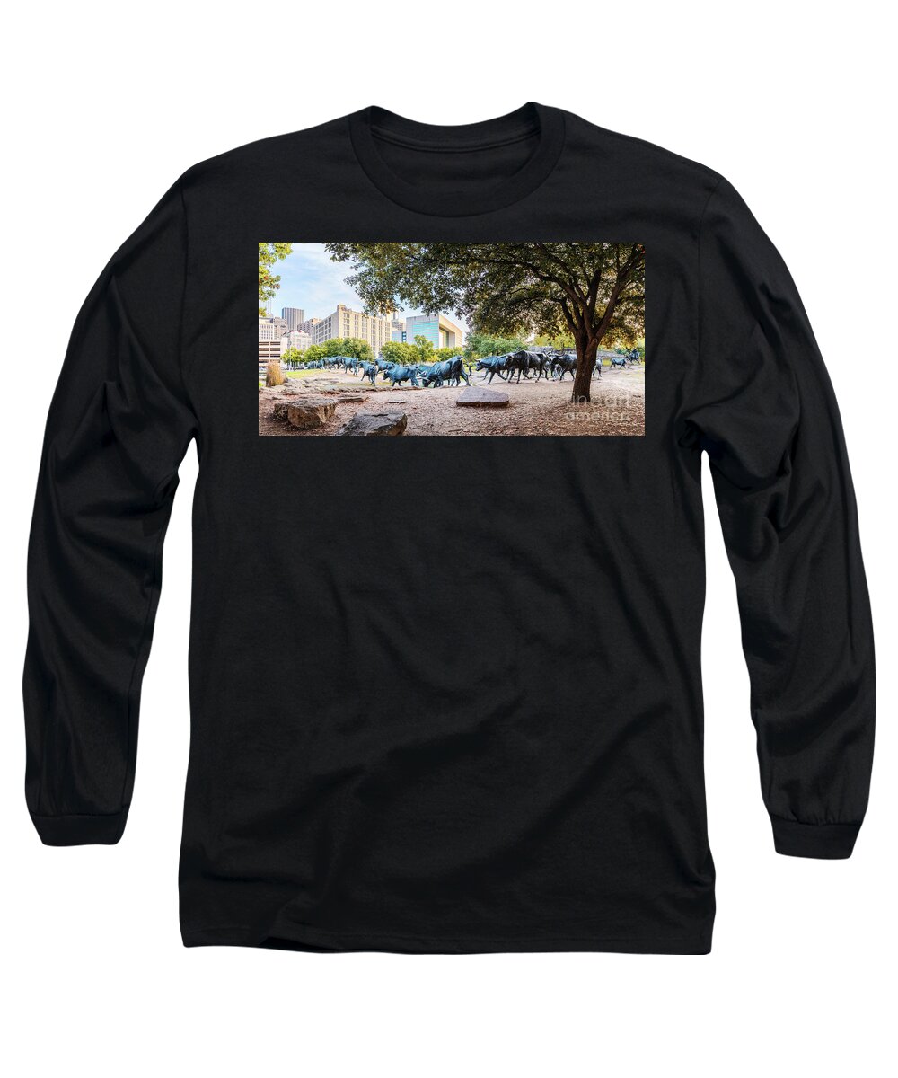 Downtown Long Sleeve T-Shirt featuring the photograph Panorama of Cattle Drive at Pioneer Plaza in Downtown Dallas - North Texas by Silvio Ligutti