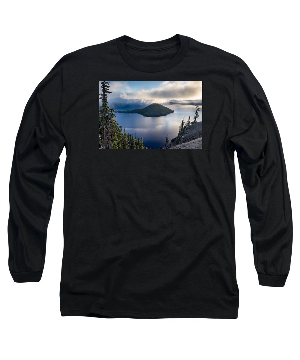 Crater Lake Long Sleeve T-Shirt featuring the photograph Peering at the Wizard by Greg Nyquist