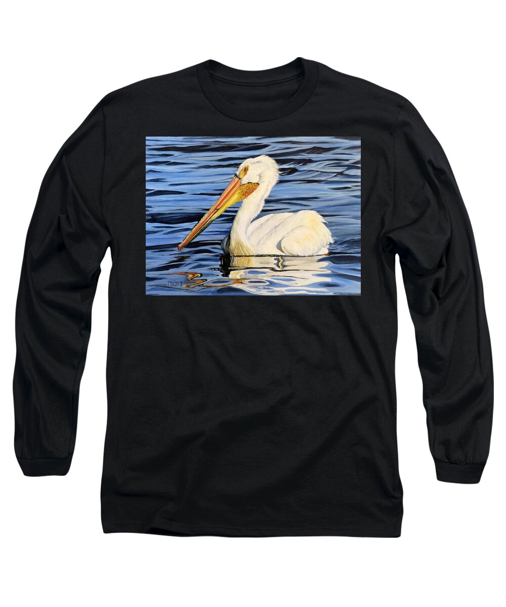 Manigotagan Long Sleeve T-Shirt featuring the painting Pelican Posing by Marilyn McNish