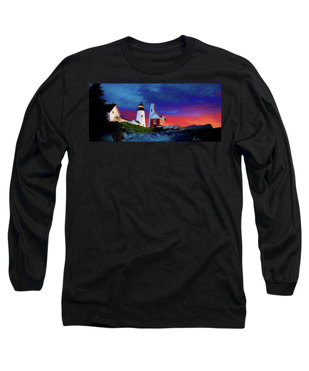Vacationland Long Sleeve T-Shirt featuring the digital art Pemaquid Lighthouse at Dawn Artistic Panorama by David Smith