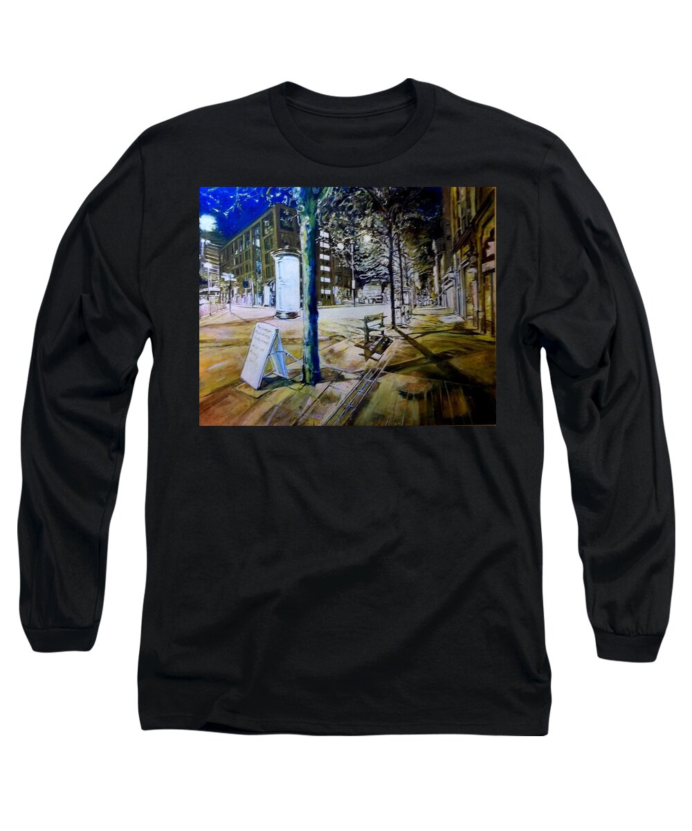 Shop Fronts Long Sleeve T-Shirt featuring the painting Piccadilly Gardens, Manchester by Rosanne Gartner