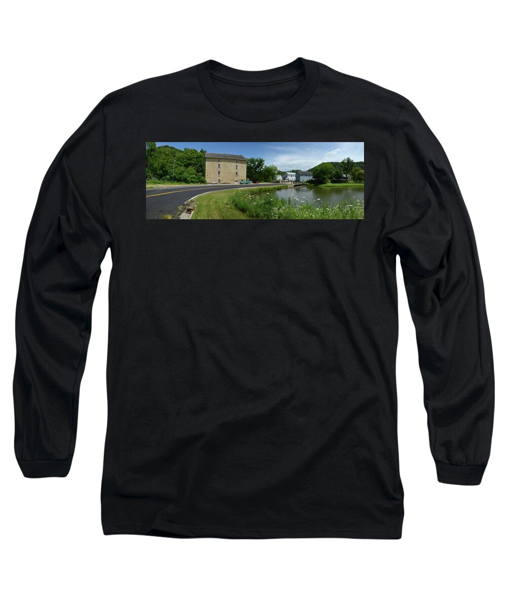 Mill; Flour Mill; 1854; Pickwick Mill; Minnesota; Museum; Rural Landscape; Rural; Countryside; Hillside; Pond; Quaint; Village Long Sleeve T-Shirt featuring the photograph Pickwick Mill Panorama by Janice Adomeit