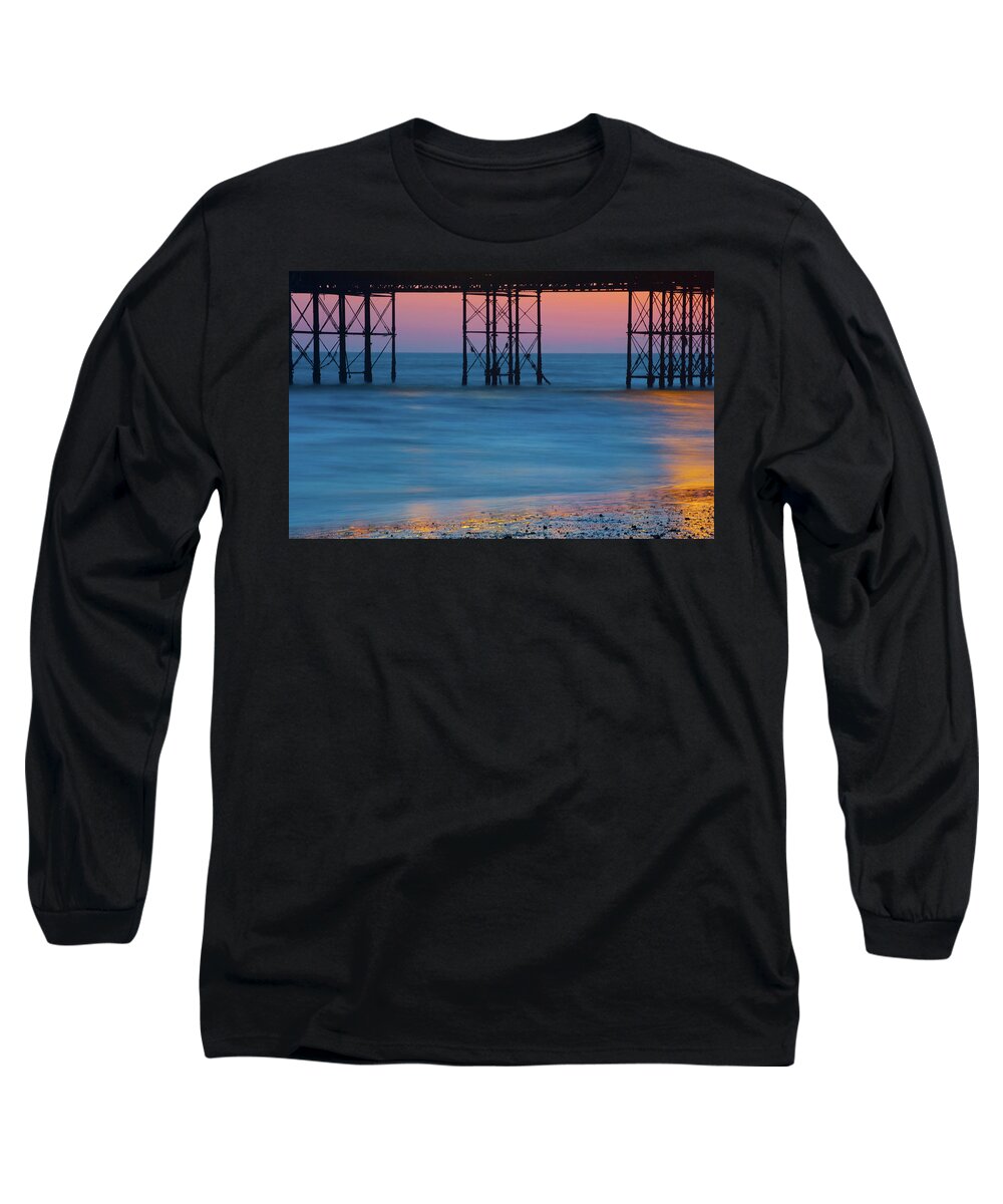 Pier Long Sleeve T-Shirt featuring the photograph Pier Supports at Sunset i by Helen Jackson