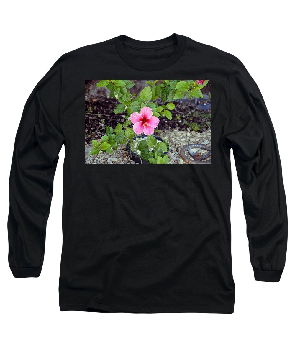 Pink Long Sleeve T-Shirt featuring the photograph Pink Hibiscus and Wheel by Robert Meyers-Lussier