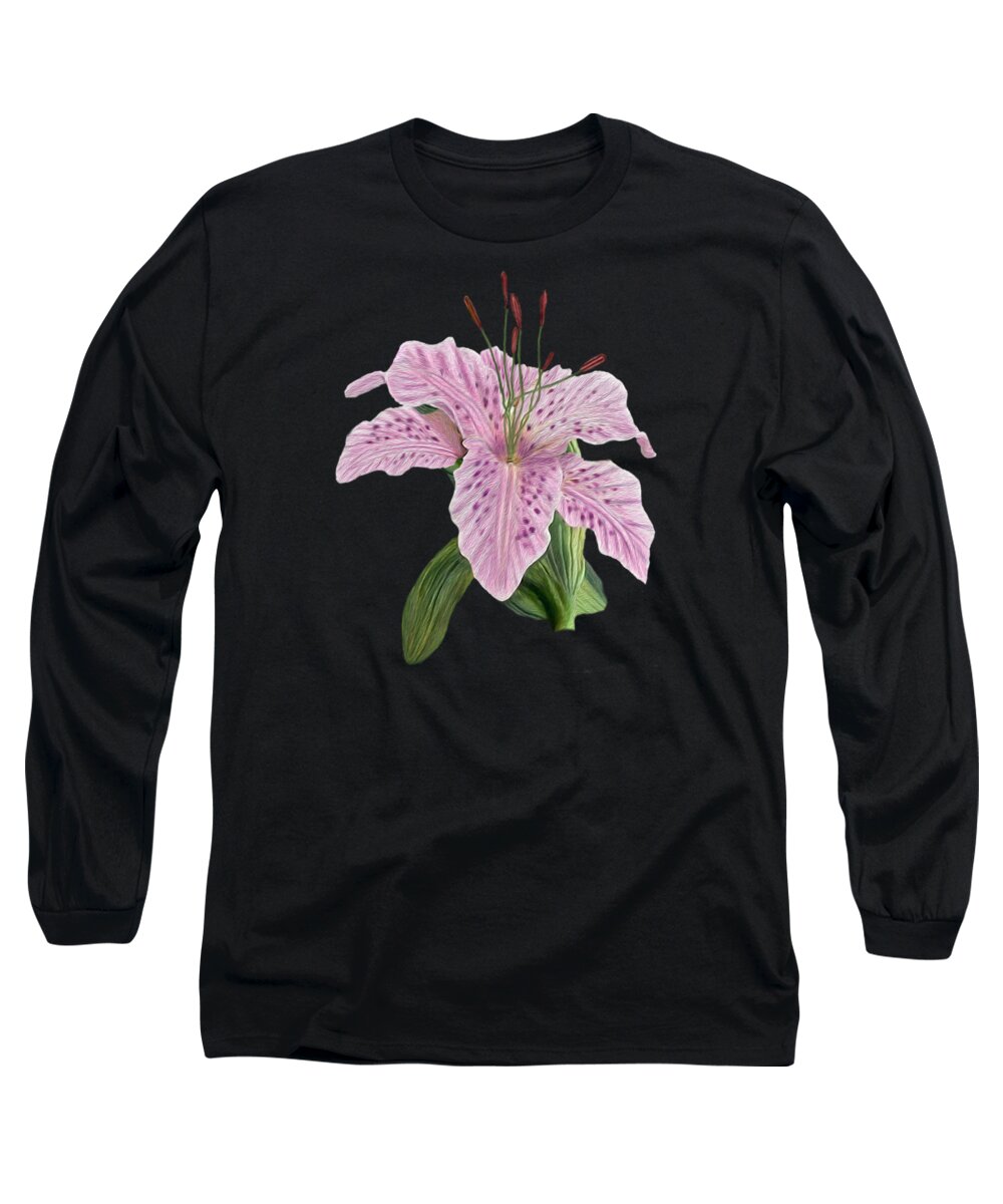 Pink Tiger Lily Long Sleeve T-Shirt featuring the digital art Pink Tiger Lily Blossom by Walter Colvin