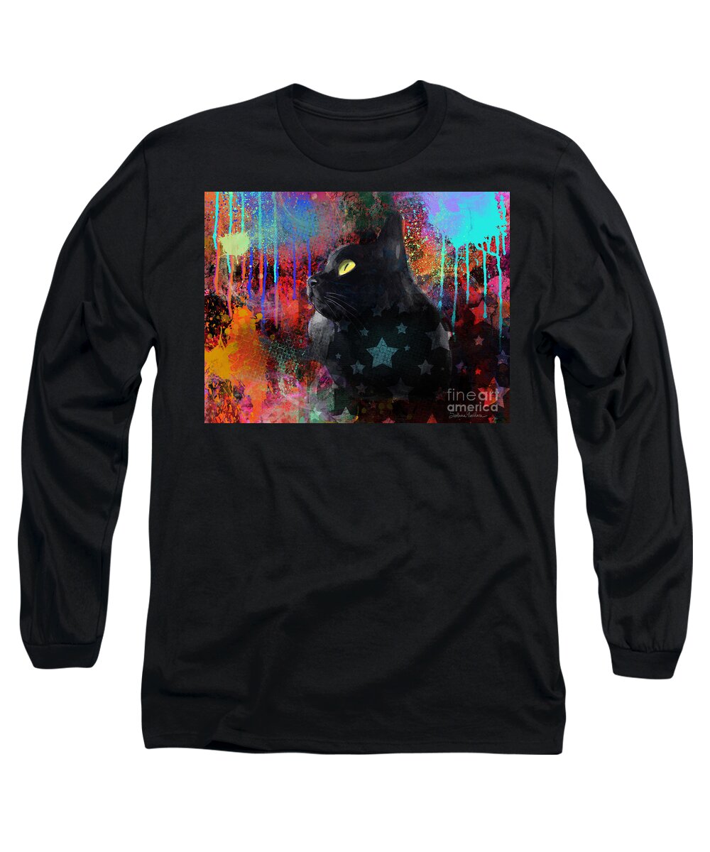 Black Cat Long Sleeve T-Shirt featuring the painting Pop Art Black Cat painting print by Svetlana Novikova