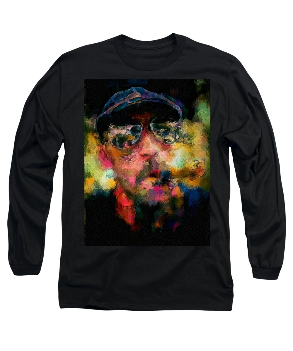 Harley Davidson Long Sleeve T-Shirt featuring the painting Portrait of a man in sunglass smoking a cigar in the sunshine wearing a hat and riding a motorcycle in pink green yellow black blue oil paint with raking light to pick up paint texture by MendyZ