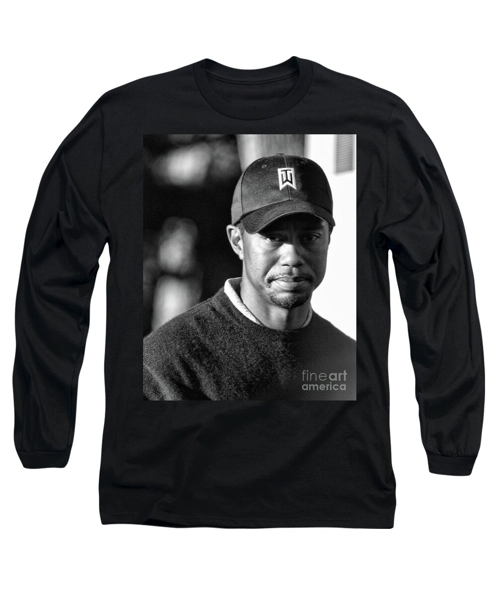 Tiger Long Sleeve T-Shirt featuring the photograph Portrait Tiger Woods Black White by Chuck Kuhn