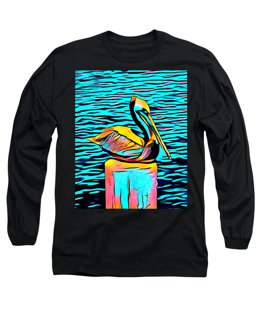 Posing Pelican Long Sleeve T-Shirt featuring the photograph Posing Pelican at Stearns Wharf Abstract by Barbara Snyder