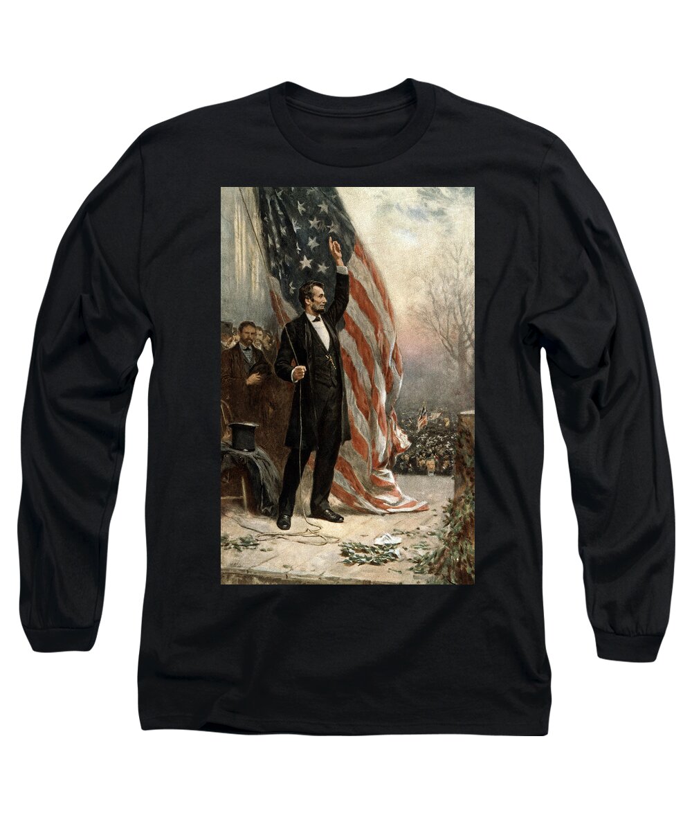 abraham Lincoln Long Sleeve T-Shirt featuring the photograph President Abraham Lincoln - American Flag by International Images