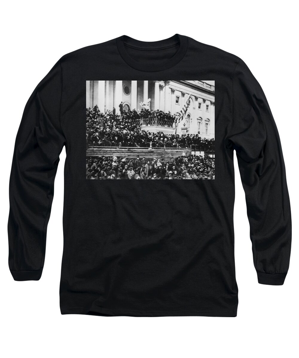 abraham Lincoln Long Sleeve T-Shirt featuring the photograph President Lincoln gives his second inaugural address - March 4 1865 by International Images