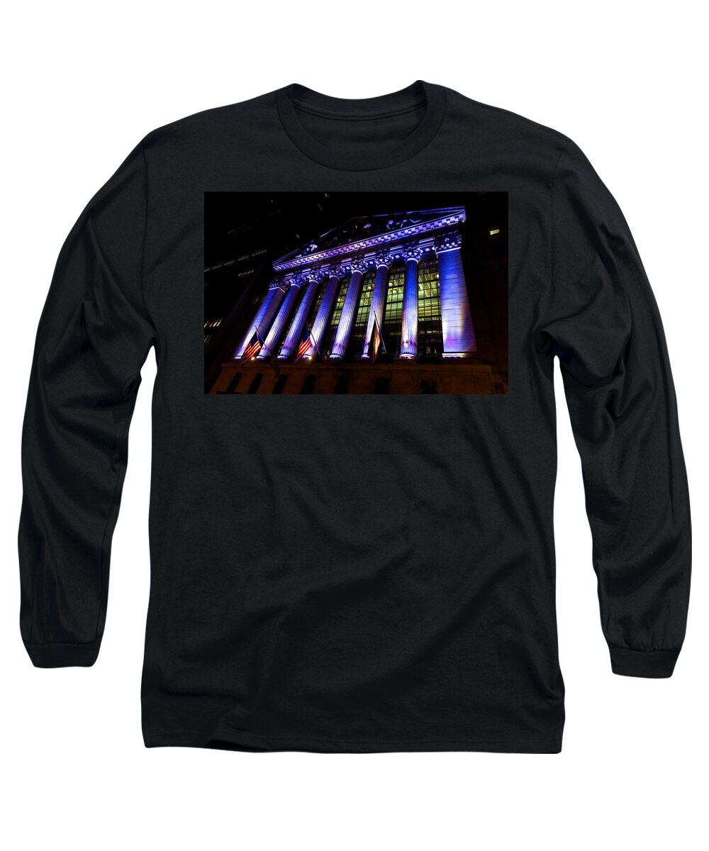 Georgia Mizuleva Long Sleeve T-Shirt featuring the digital art Purple New York Stock Exchange at Night - Impressions Of Manhattan by Georgia Mizuleva
