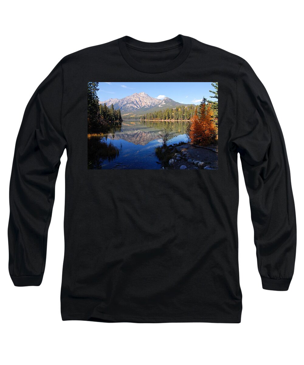 Pyramid Mountain Long Sleeve T-Shirt featuring the photograph Pyramid Moutain Reflection by Larry Ricker