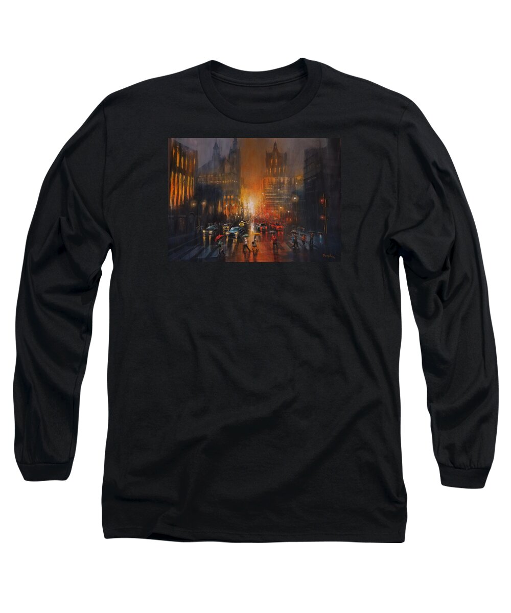 City Rainy Long Sleeve T-Shirt featuring the painting Rainy Night by Tom Shropshire