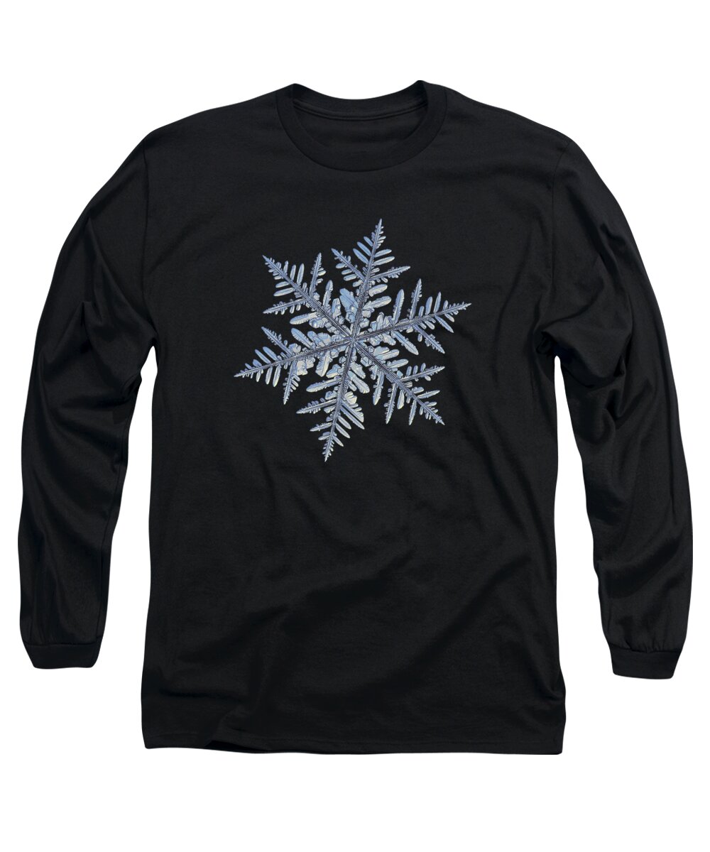 Snowflake Long Sleeve T-Shirt featuring the photograph Real snowflake - Silverware black by Alexey Kljatov
