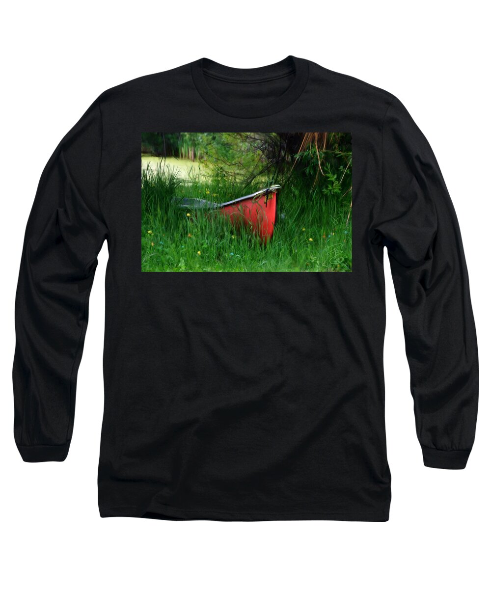 Boat Long Sleeve T-Shirt featuring the digital art Red canoe by Debra Baldwin