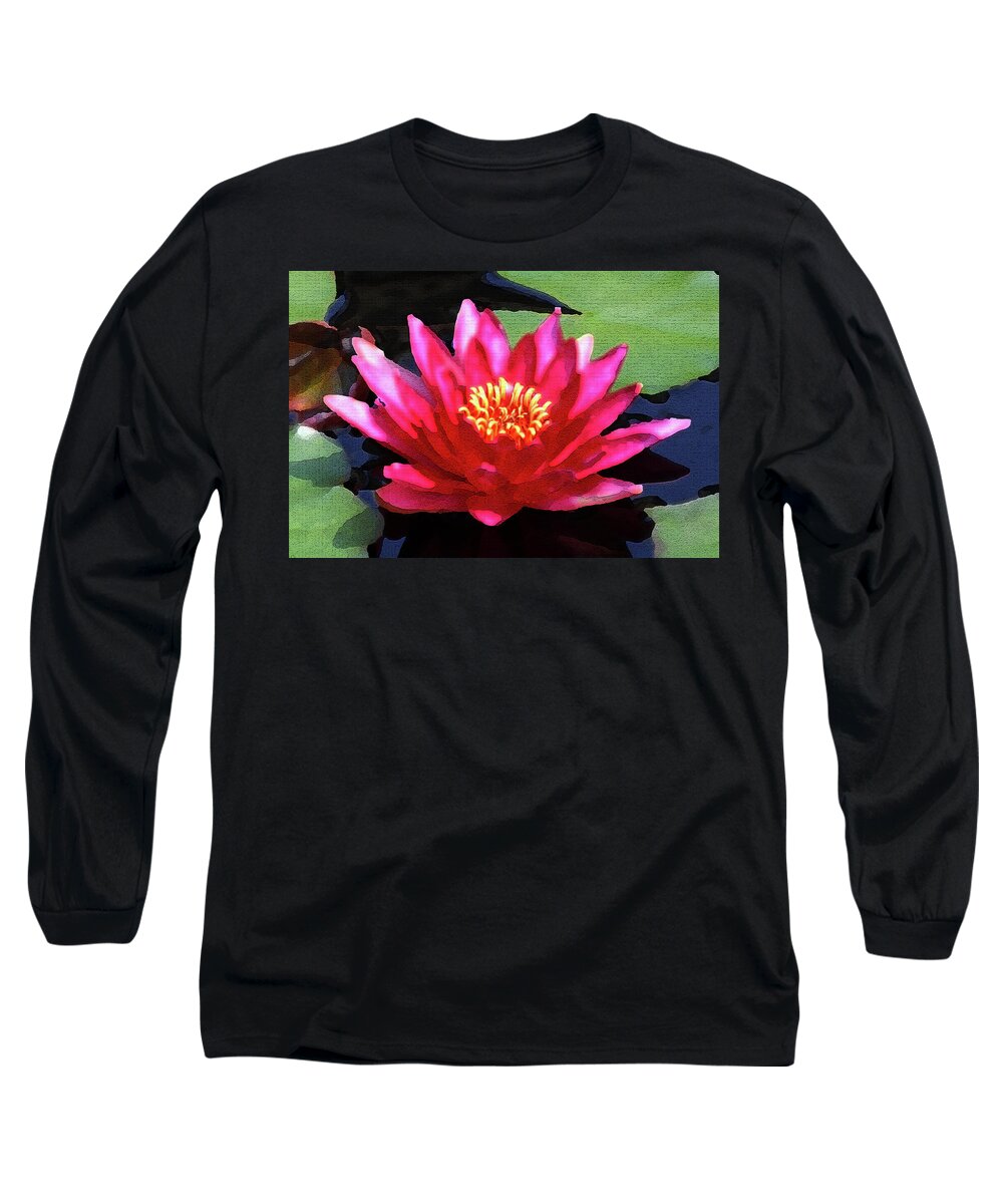 Floral Long Sleeve T-Shirt featuring the photograph Red Water Lily - Palette Knife by Lou Ford
