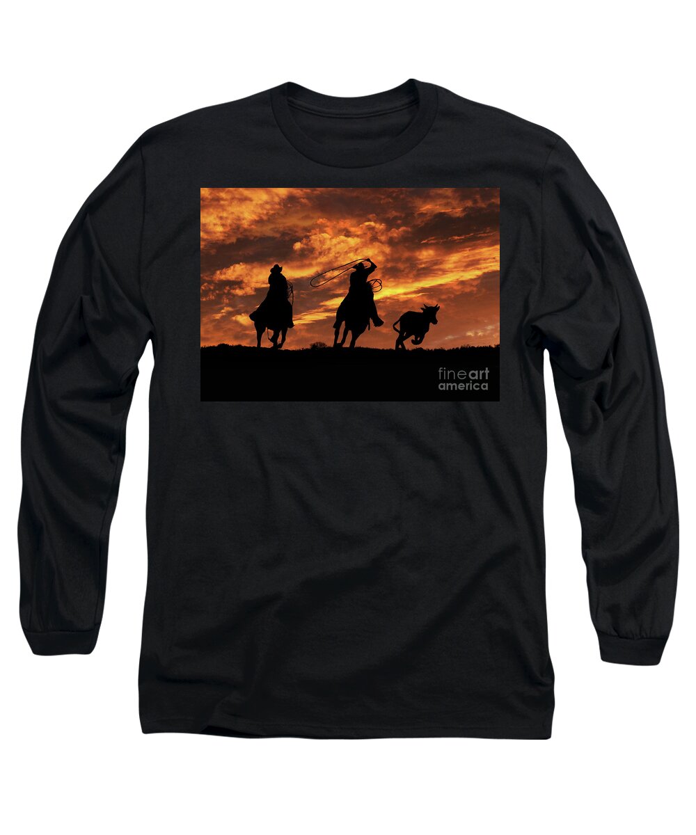 Western Long Sleeve T-Shirt featuring the photograph Roping Cowboys and Fiery Skies by Stephanie Laird