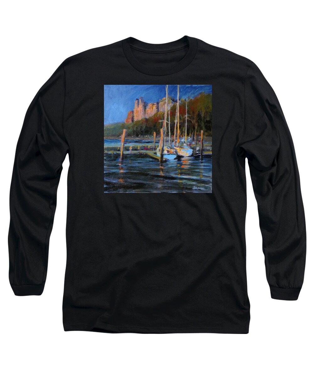 Landscape Long Sleeve T-Shirt featuring the painting Sailboats at Dusk, Hudson River by Peter Salwen