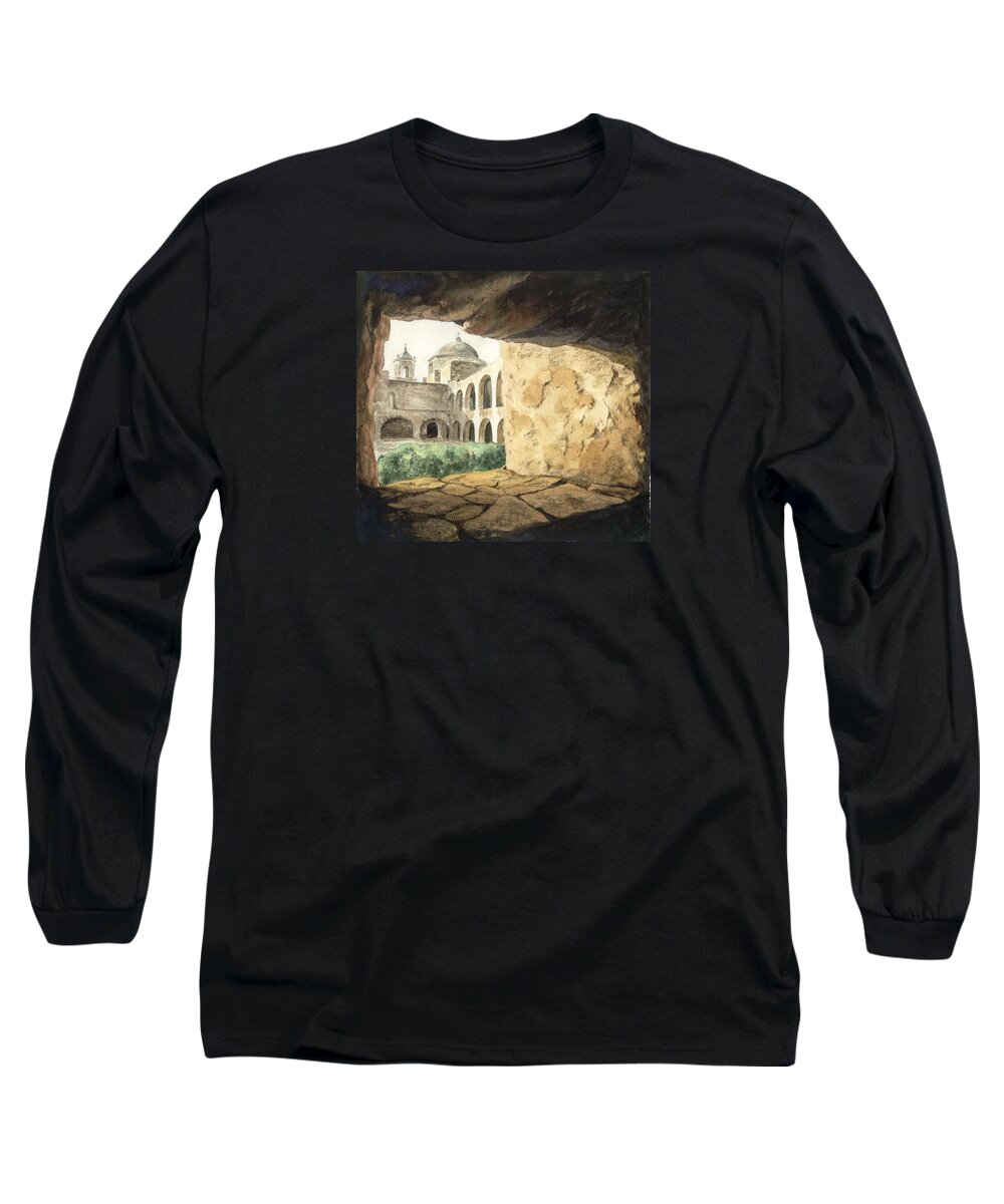 Landscape Long Sleeve T-Shirt featuring the painting San Antonio Mission by Connie Schaertl