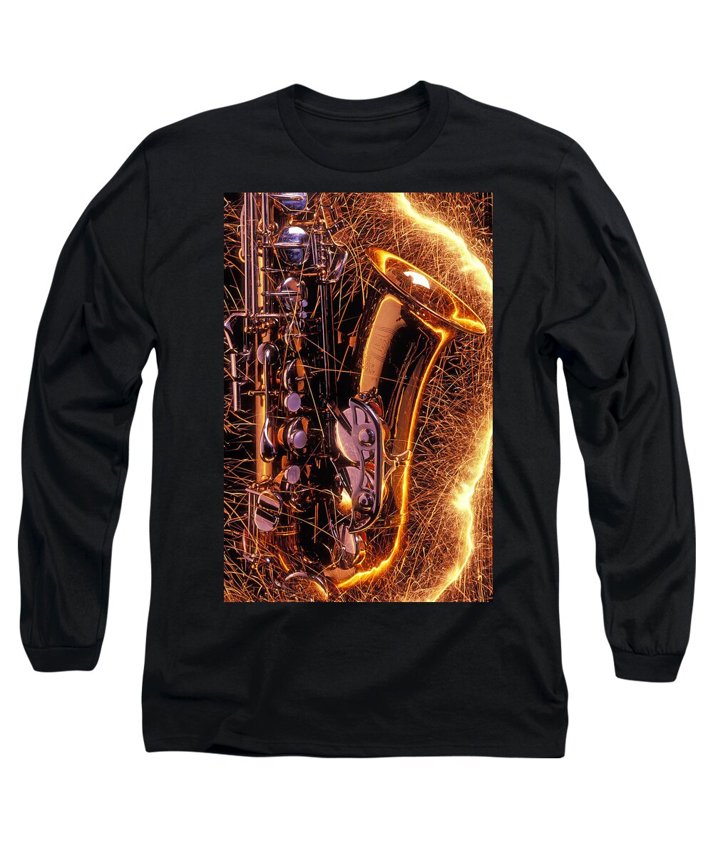 Saxophone Long Sleeve T-Shirt featuring the photograph Sax with sparks by Garry Gay