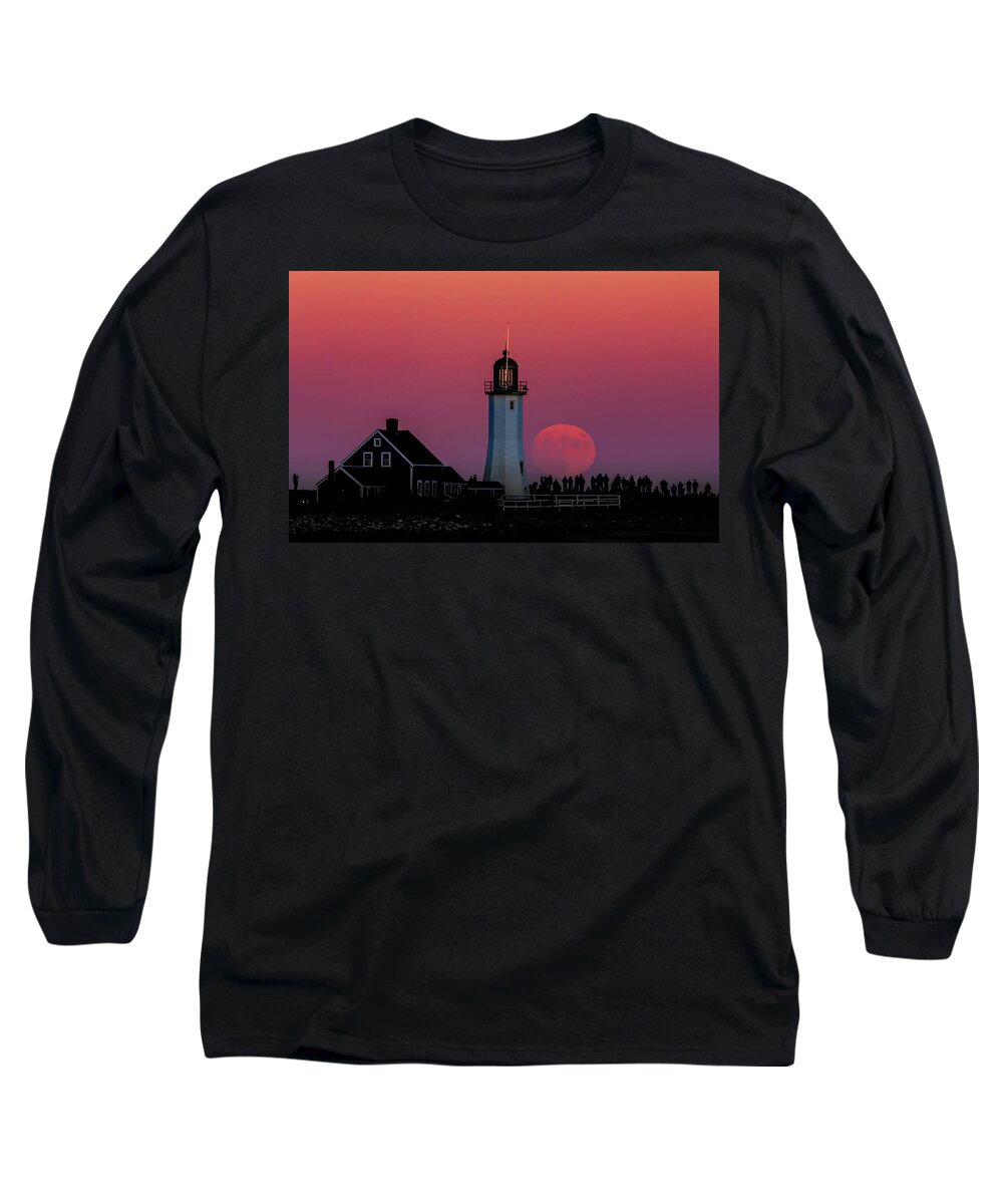 Lighthouse Long Sleeve T-Shirt featuring the photograph Scituate Supermoon by Rob Davies