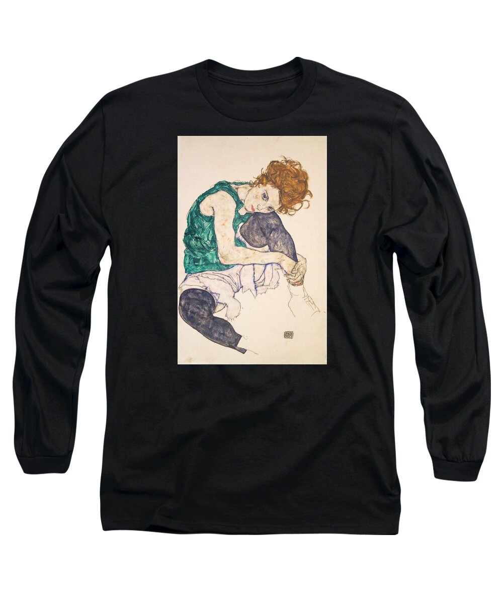 Egon Schiele Long Sleeve T-Shirt featuring the painting Seated Woman With Bent Knee #2 by Egon Schiele
