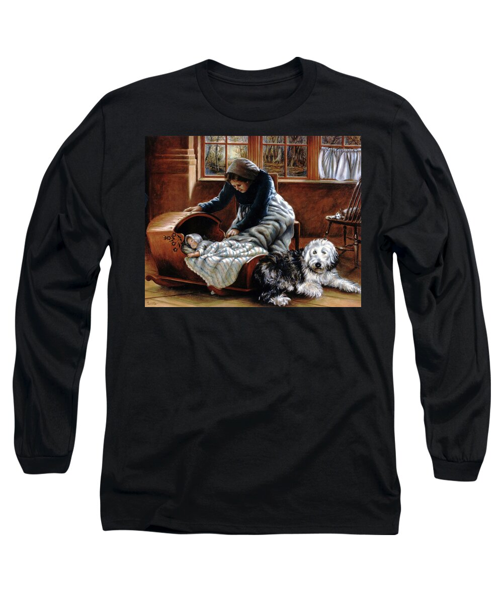 Sheepdog With Baby Long Sleeve T-Shirt featuring the painting Sheepdog Guard by Marie Witte